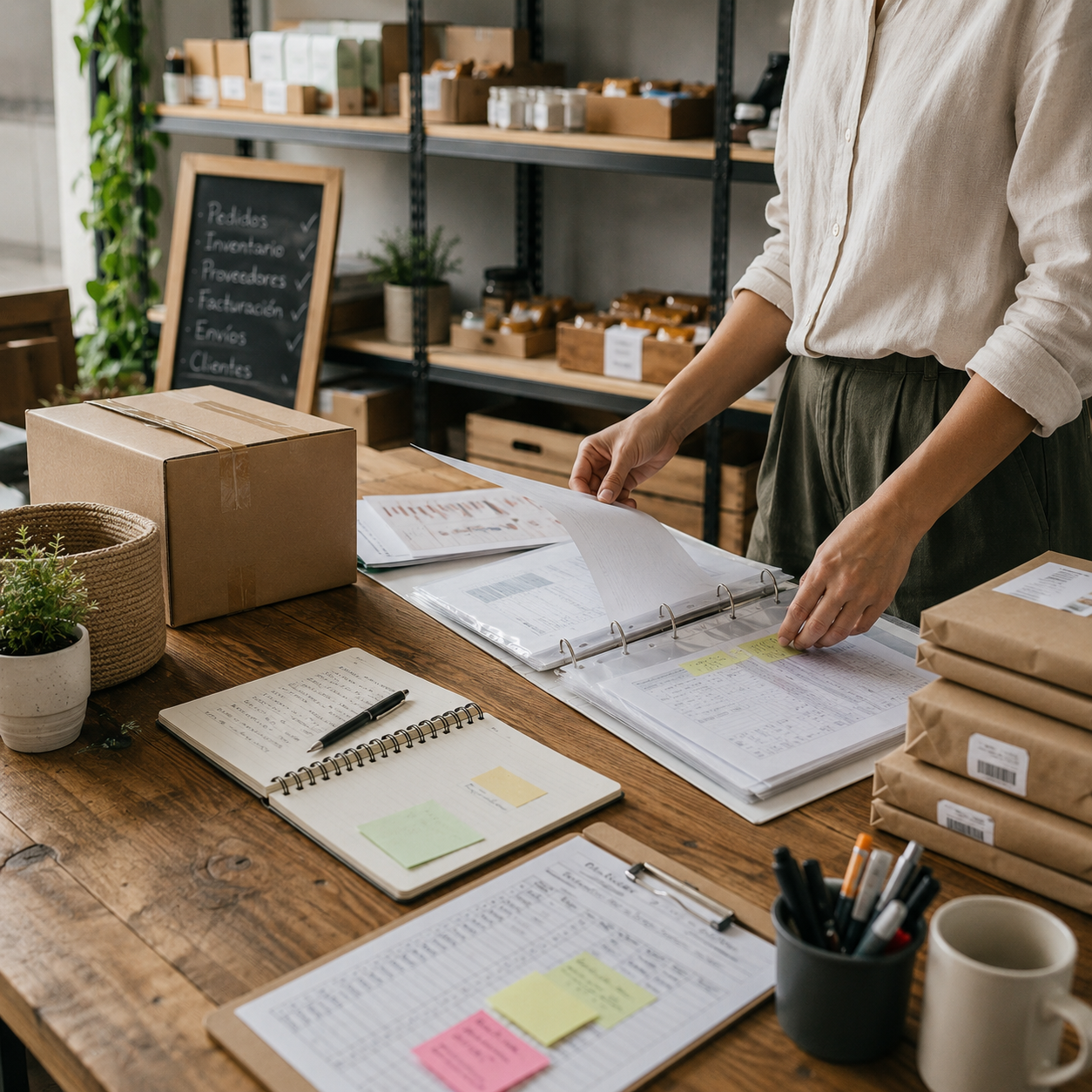 Gestión empresarial para pequeñas empresas con organización de inventario, facturación, proveedores y procesos administrativos.