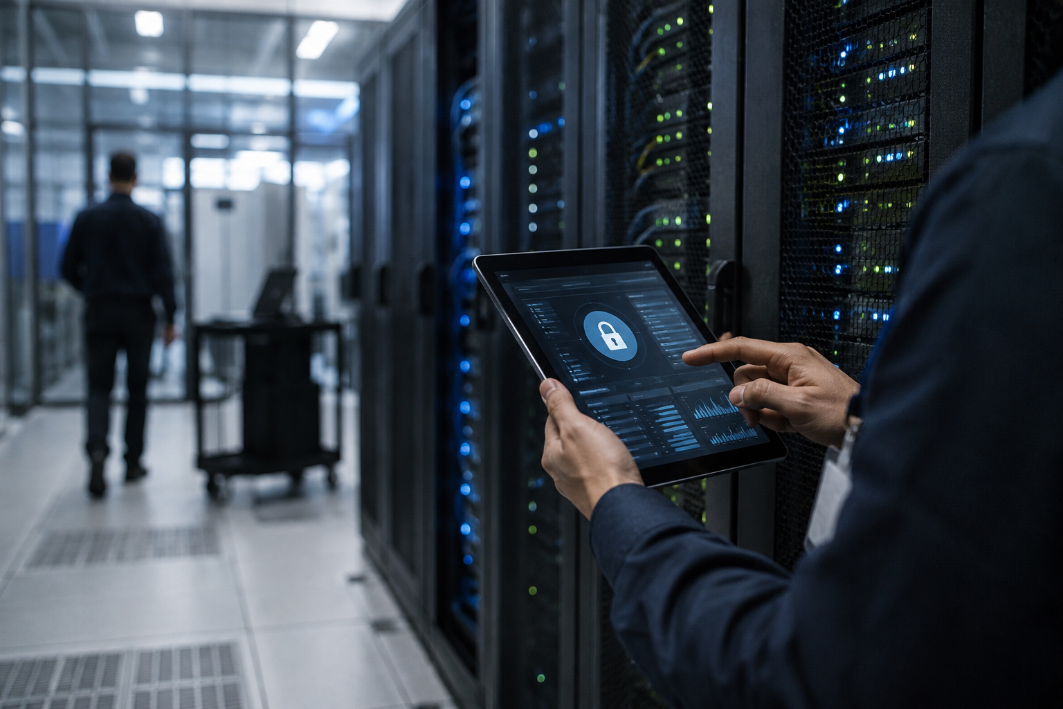 Especialista supervisando la seguridad de servidores en un centro de datos, como parte de un proceso de ciberseguridad y transformación digital empresarial.