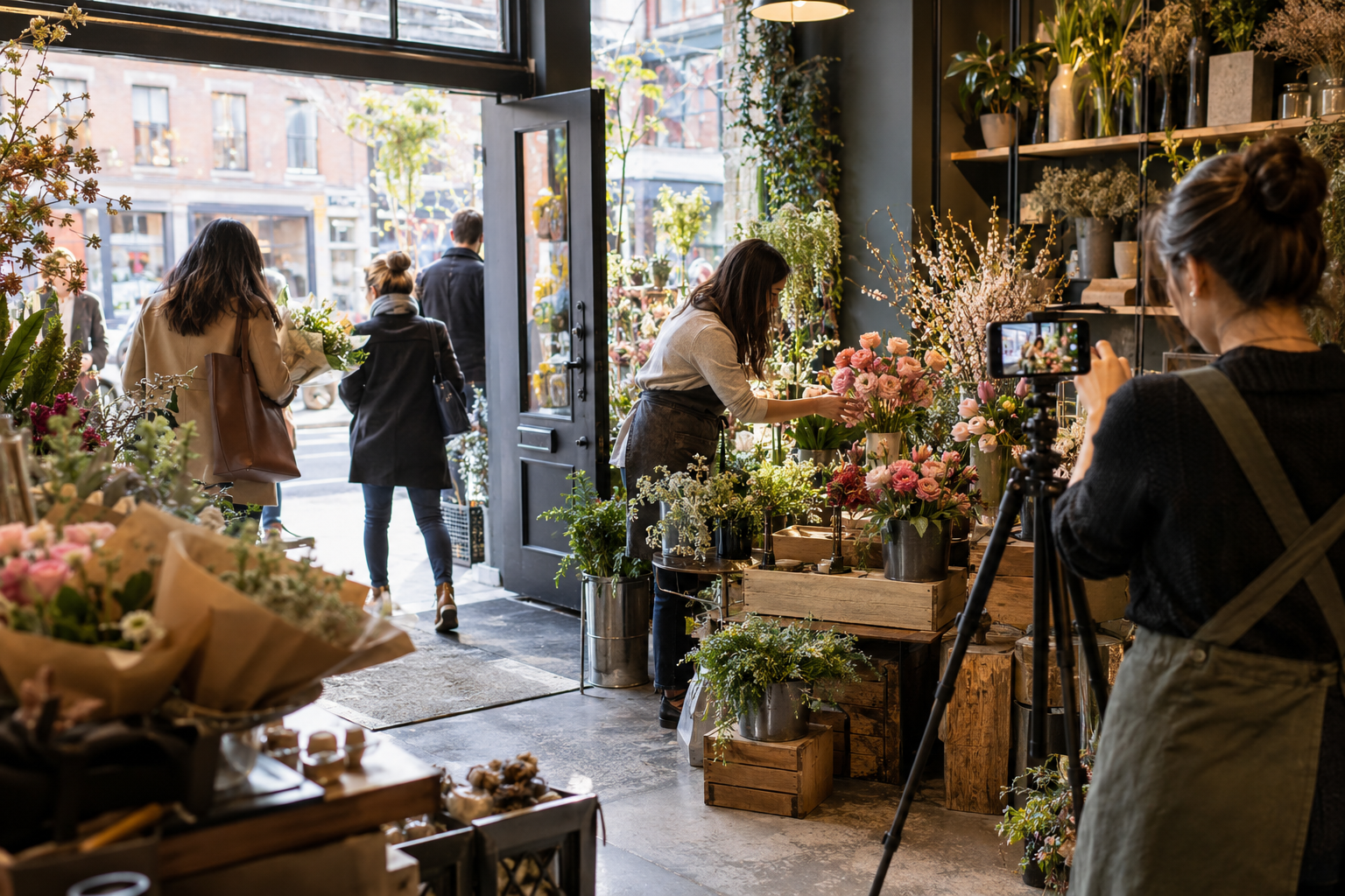 Negocio de decoración creando contenido para redes sociales mientras clientes recorren la tienda, como ejemplo de marketing digital para atraer clientes.