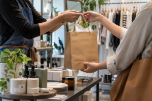 Cliente recibiendo una bolsa de compra en una tienda mientras el personal entrega el pedido, una escena relacionada con estrategias para aumentar las ventas y mejorar la experiencia de compra.
