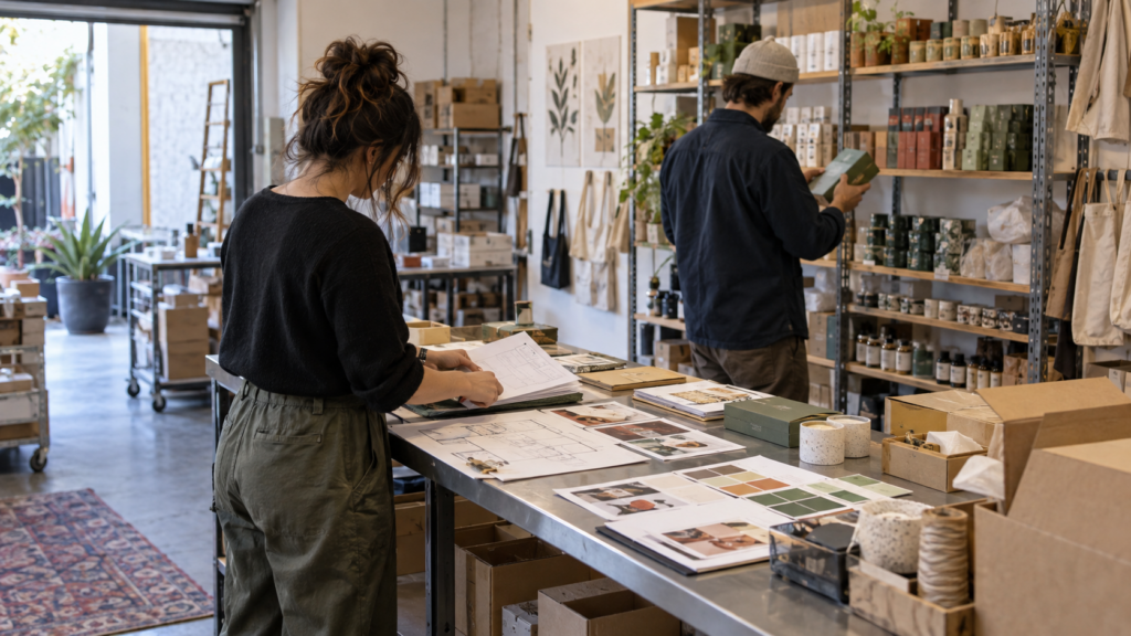 Emprendedores organizando productos, materiales y documentos de planificación para desarrollar un plan de negocios.