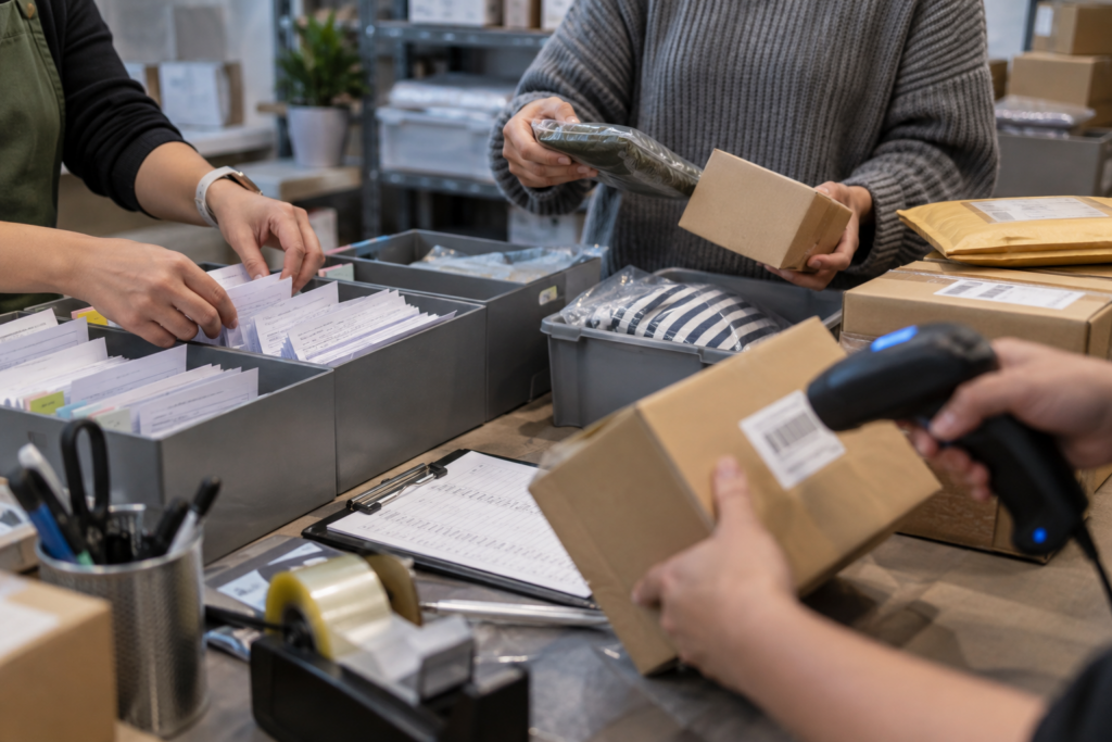 Manos de varias personas organizando pedidos, documentos y paquetes en una estación de trabajo para mejorar el control de las operaciones de un negocio.