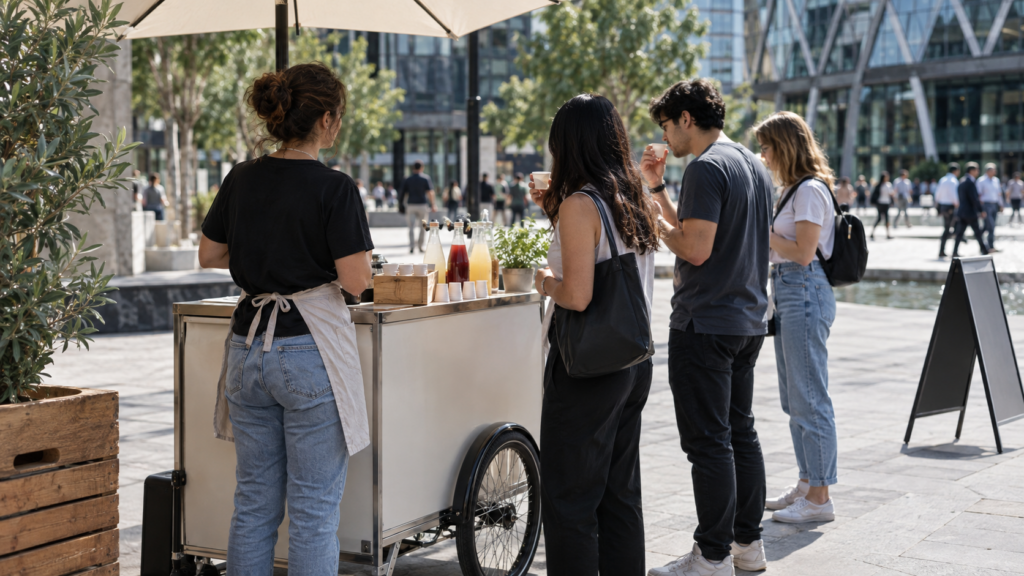 Emprendedora validando una idea de negocio mediante una degustación de producto con clientes potenciales en un espacio público.