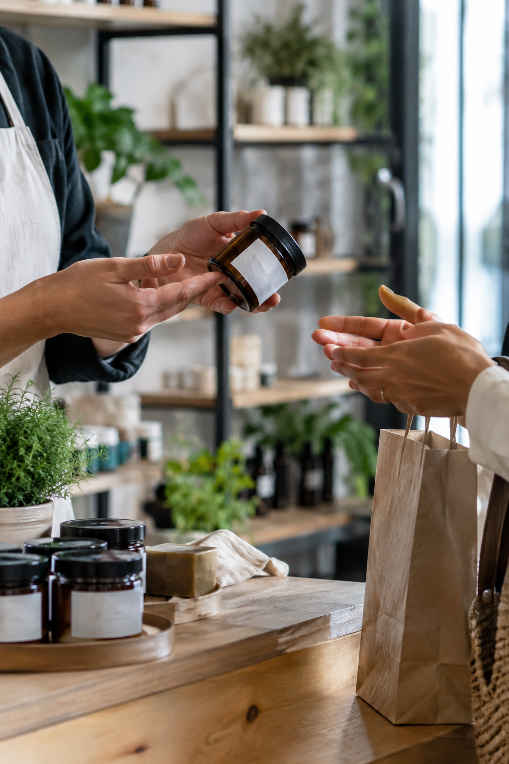 Manos de una emprendedora mostrando un producto a una clienta en una tienda de productos artesanales, como ejemplo de conocer al cliente para mejorar la estrategia de marketing.