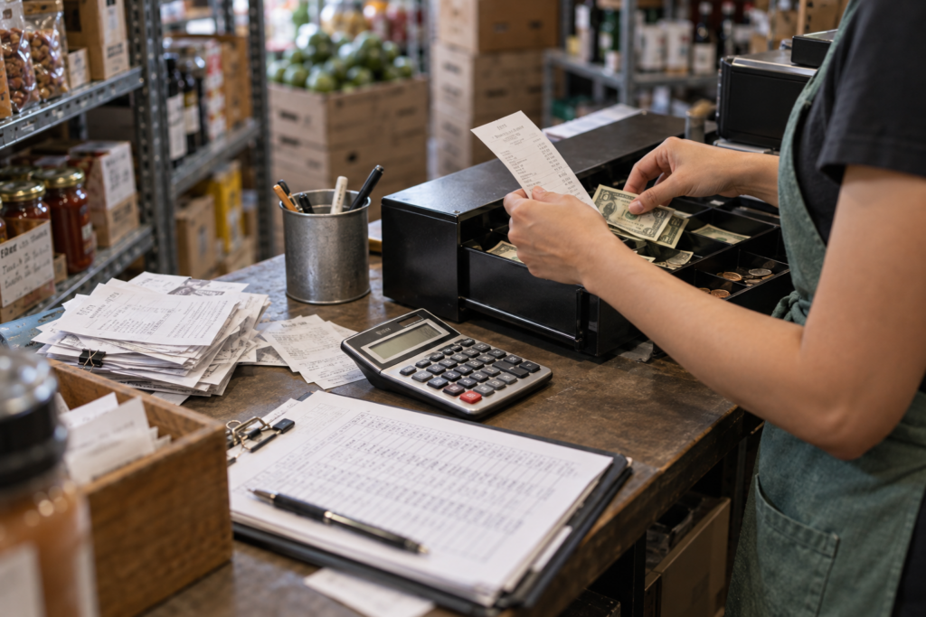 Manos de una persona revisando recibos, efectivo y una calculadora junto a una caja registradora, representando el control de las finanzas de un negocio.
