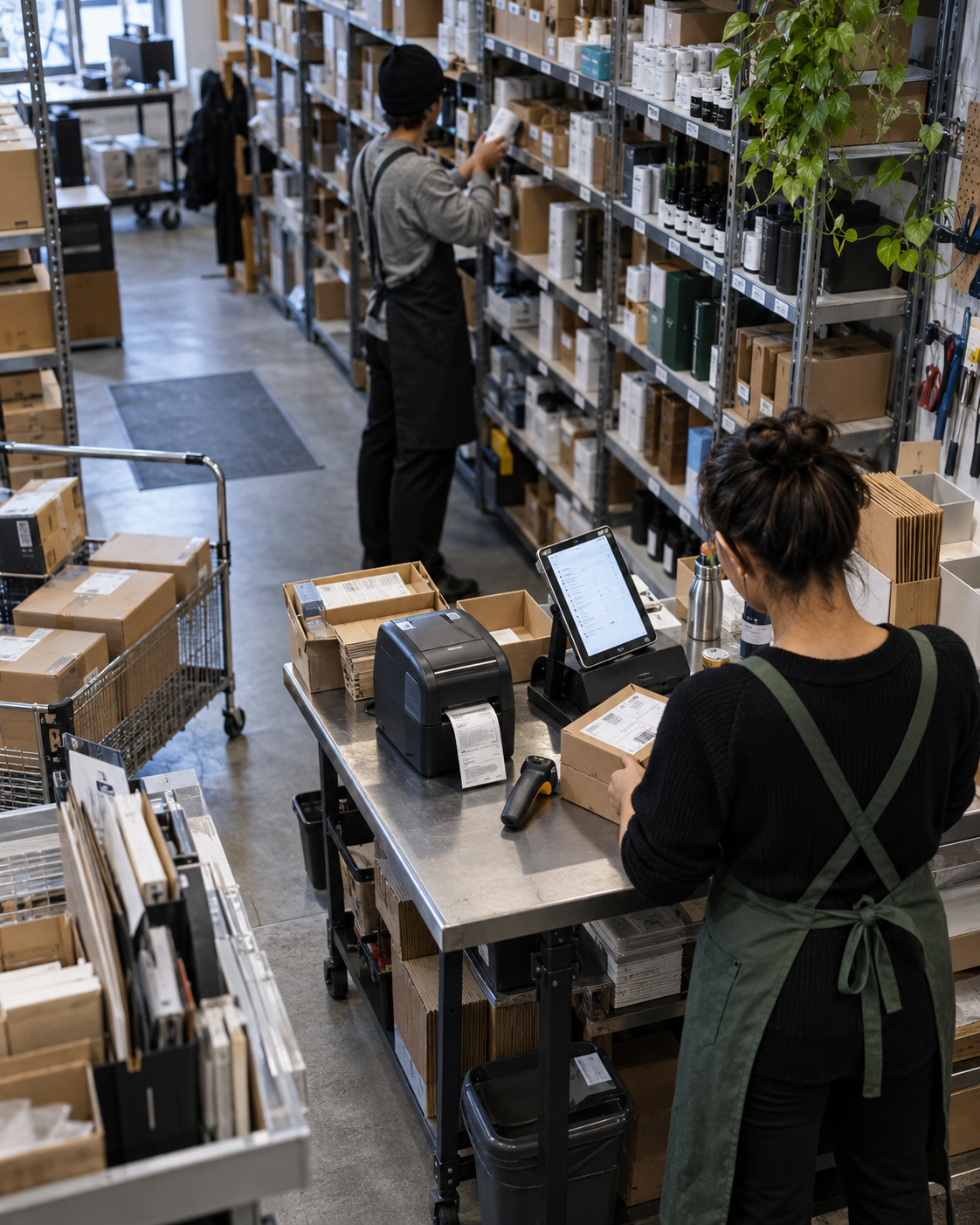 Personal preparando pedidos en un almacén con herramientas digitales para gestionar inventario, etiquetado y operaciones del negocio.