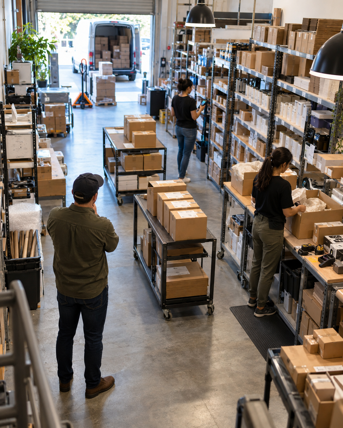 Área de almacén y logística de un negocio en operación, con personal organizando inventario, preparando pedidos y supervisando envíos como parte de una gestión empresarial eficiente.