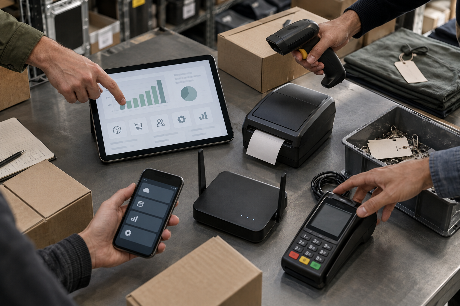 Manos comparando herramientas digitales como tablet, lector de códigos, terminal de pago y dispositivos de gestión para optimizar procesos de una empresa.