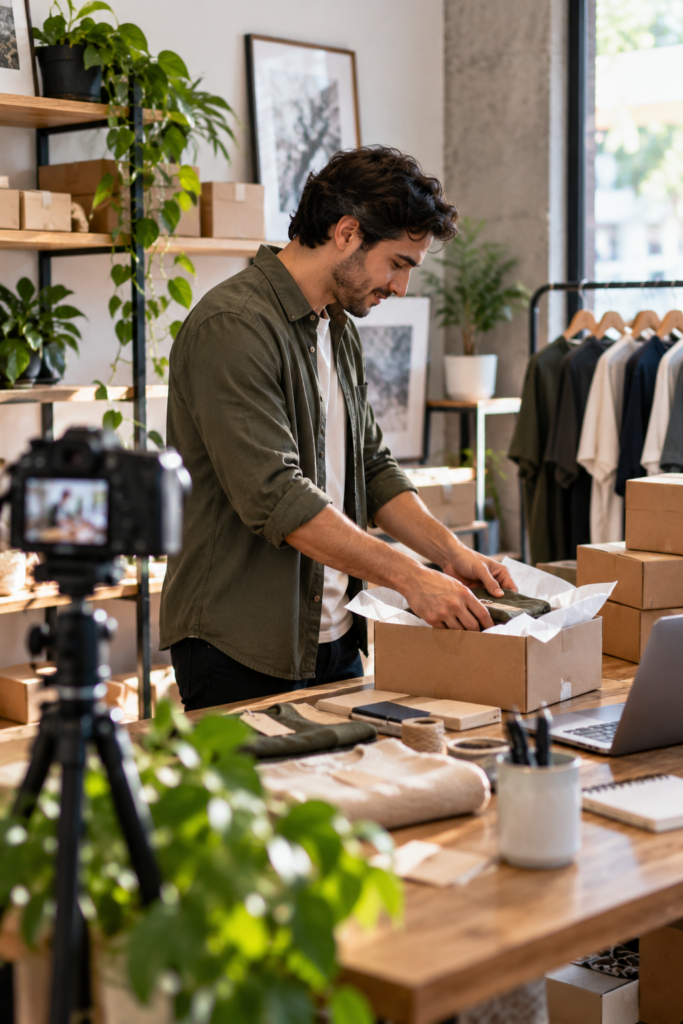Emprendedor preparando productos y contenido para promocionar su negocio y generar nuevas oportunidades de venta.