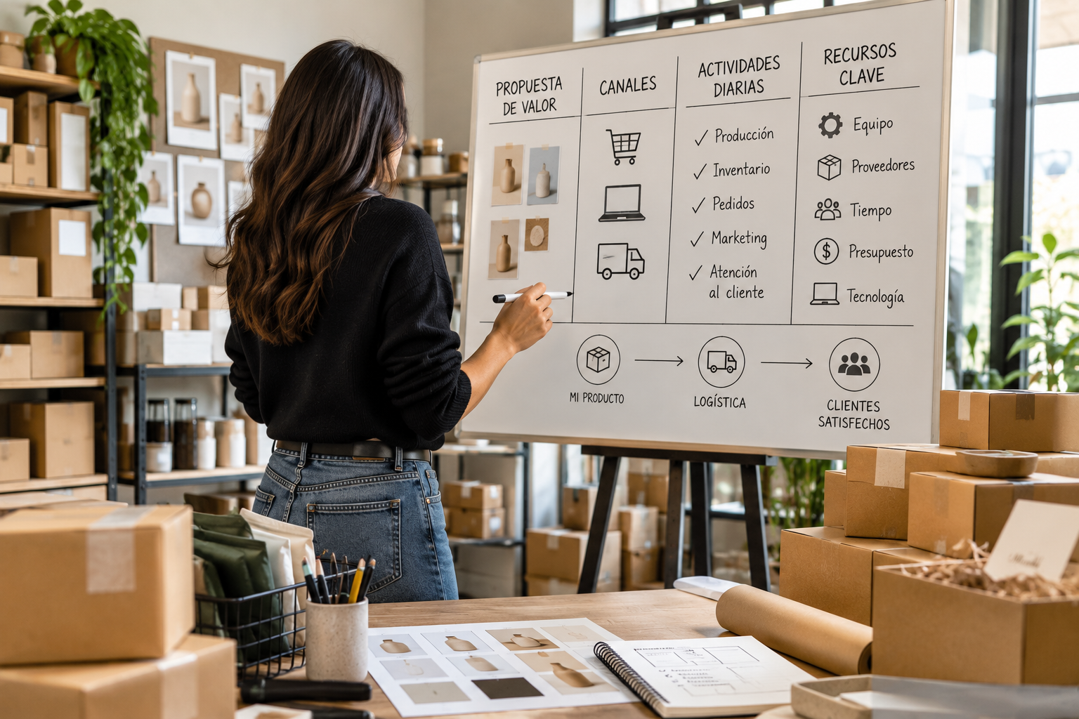 Emprendedora frente a un esquema de modelo de negocio con canales de venta, actividades diarias y recursos clave, dentro de un espacio de operación y preparación de pedidos.