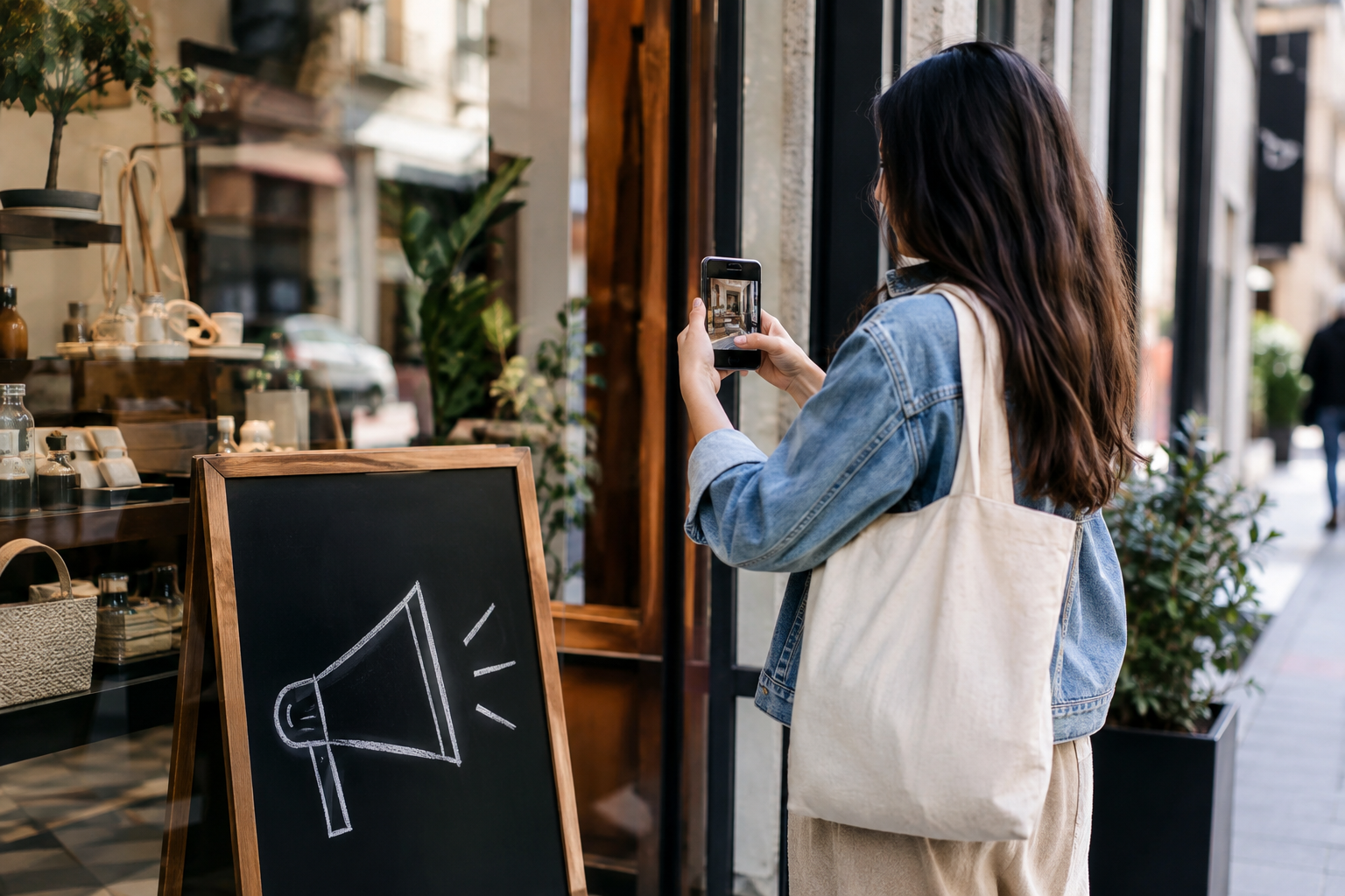 Mujer fotografiando con su celular el escaparate de un pequeño negocio, una escena relacionada con publicidad digital y promoción para generar ventas.