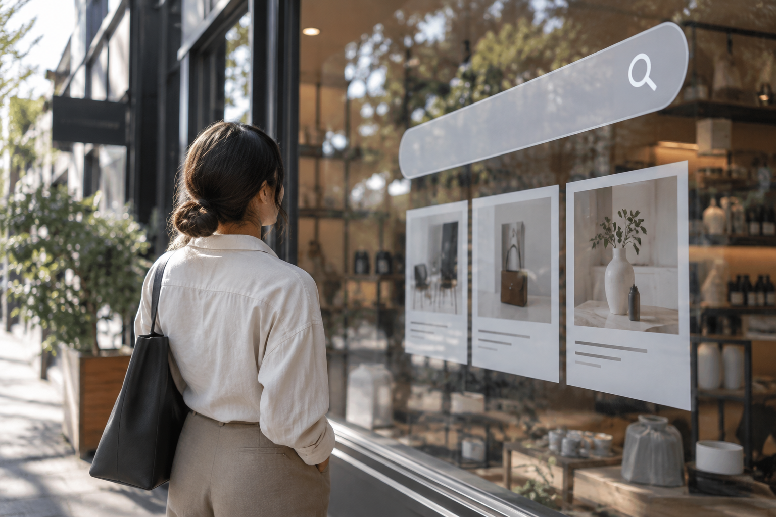Persona observando resultados visuales de búsqueda relacionados con un negocio local, como representación del SEO para mejorar la visibilidad en Google.
