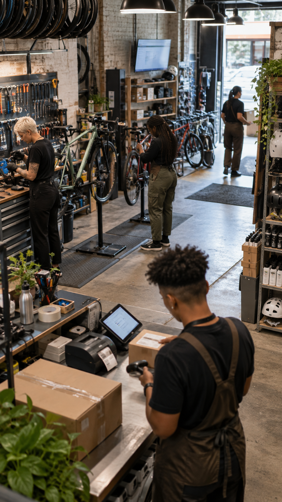 Taller de bicicletas con personal utilizando herramientas digitales para gestionar inventario, reparaciones y pedidos durante un proceso de transformación digital.