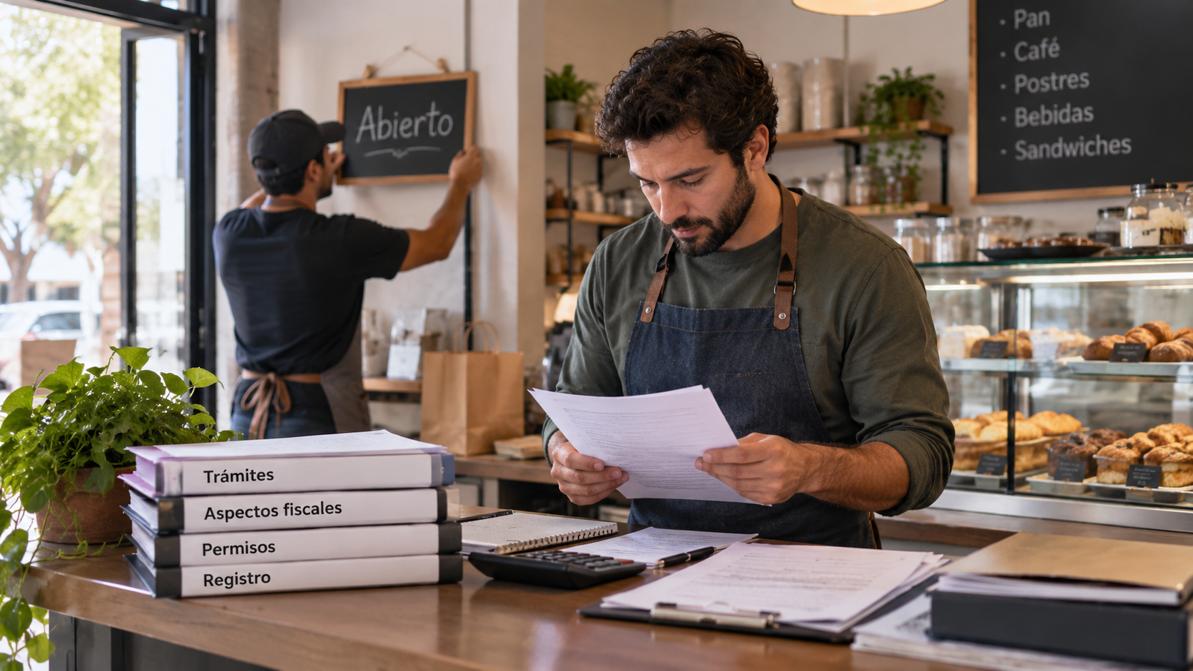 Dos hombres preparan la apertura de una panadería mientras revisan documentos y organizan los trámites para abrir un negocio.